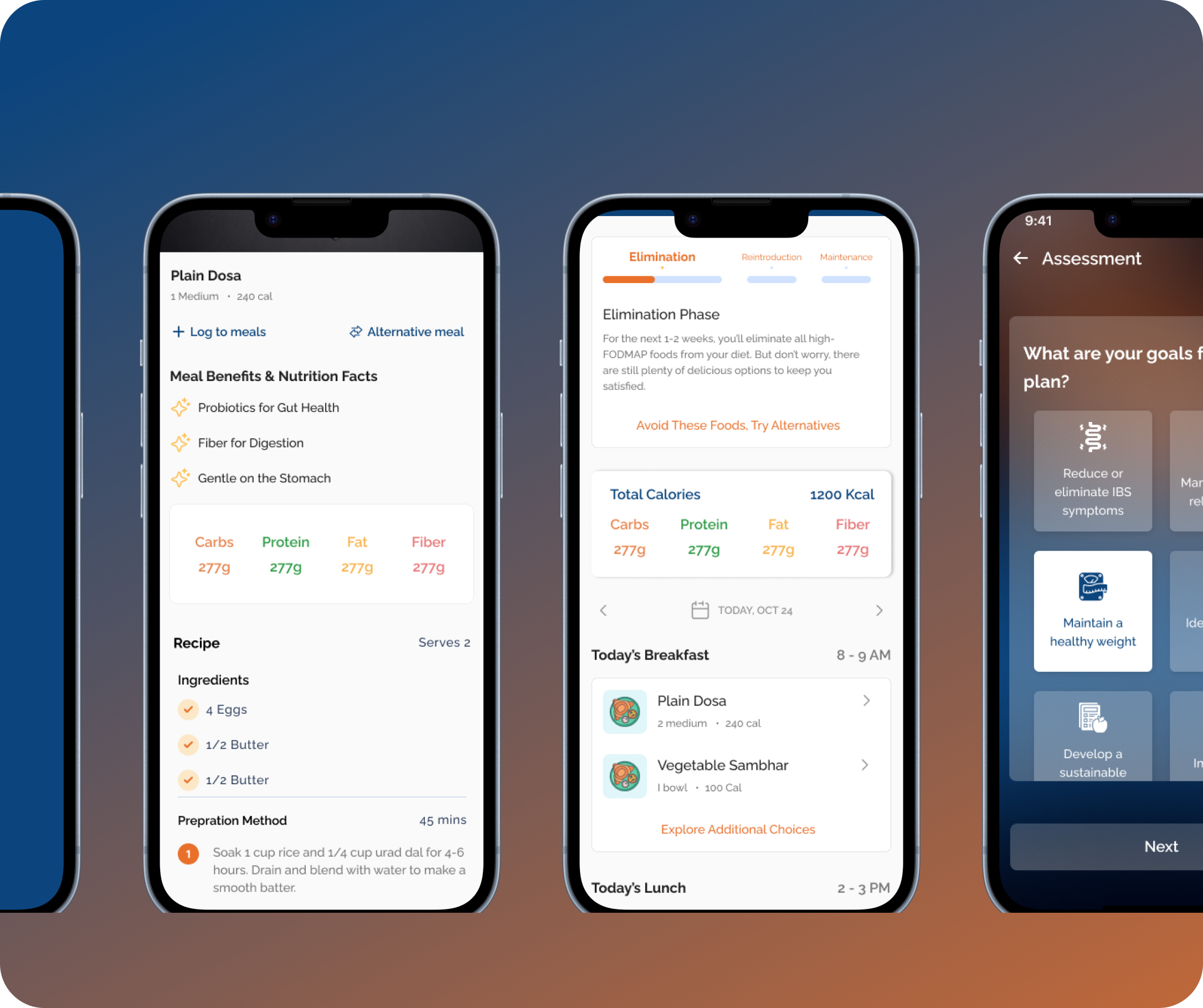Mobile app interface showing meal planning and nutrition tracking features